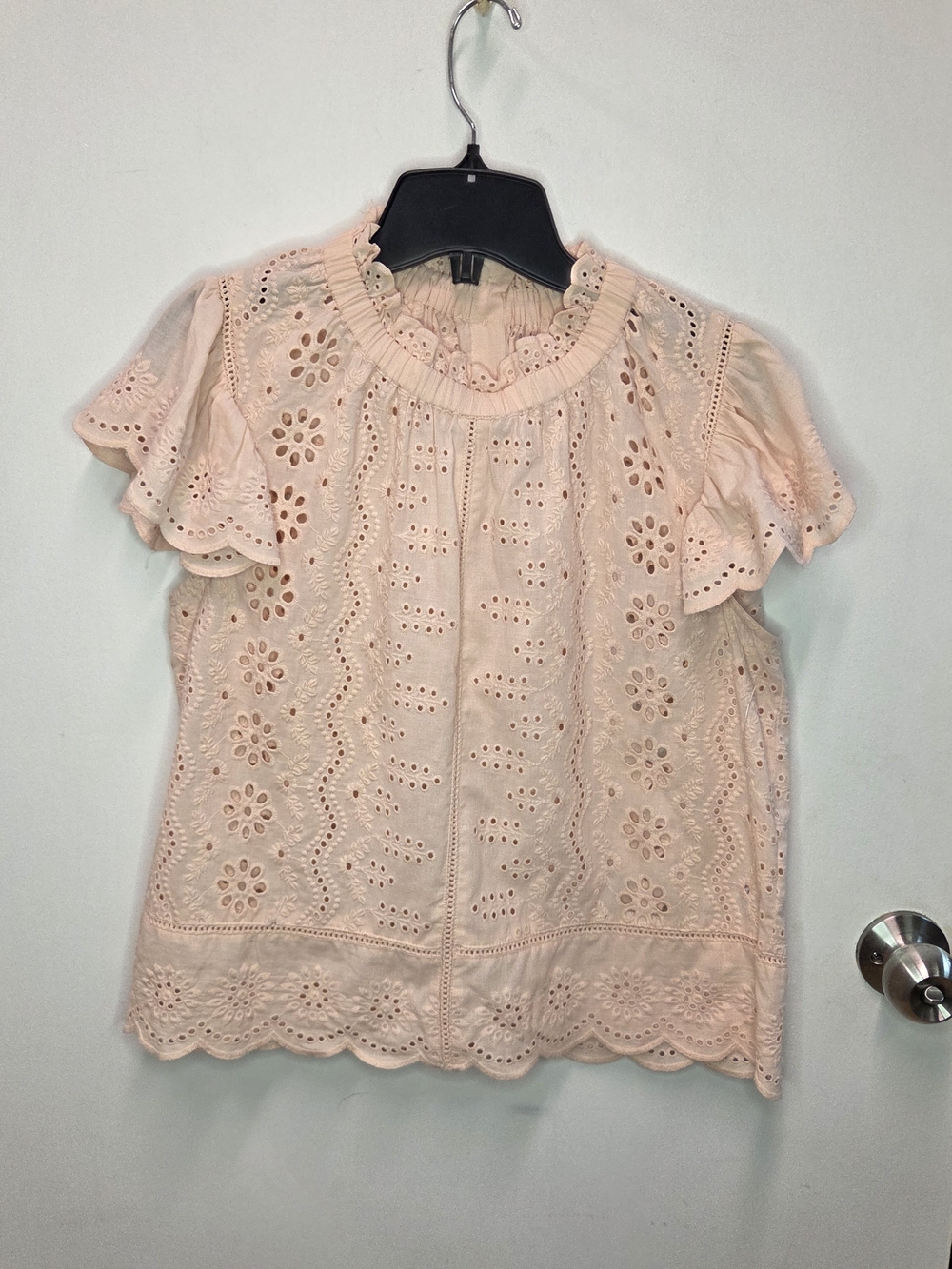Jennifer & Grace Pink Eyelet Lace Flutter Sleeve Blouse Ruffle Mock Neck S